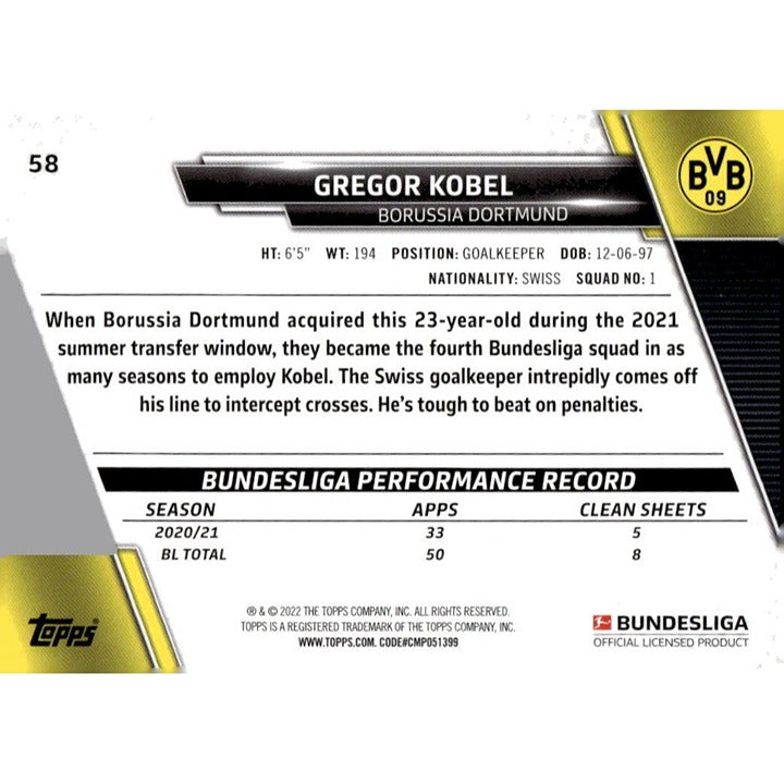 2021-22 Topps Bundesliga Soccer #58 Gregor Kobel - Borussia Dortmund Futbol Card