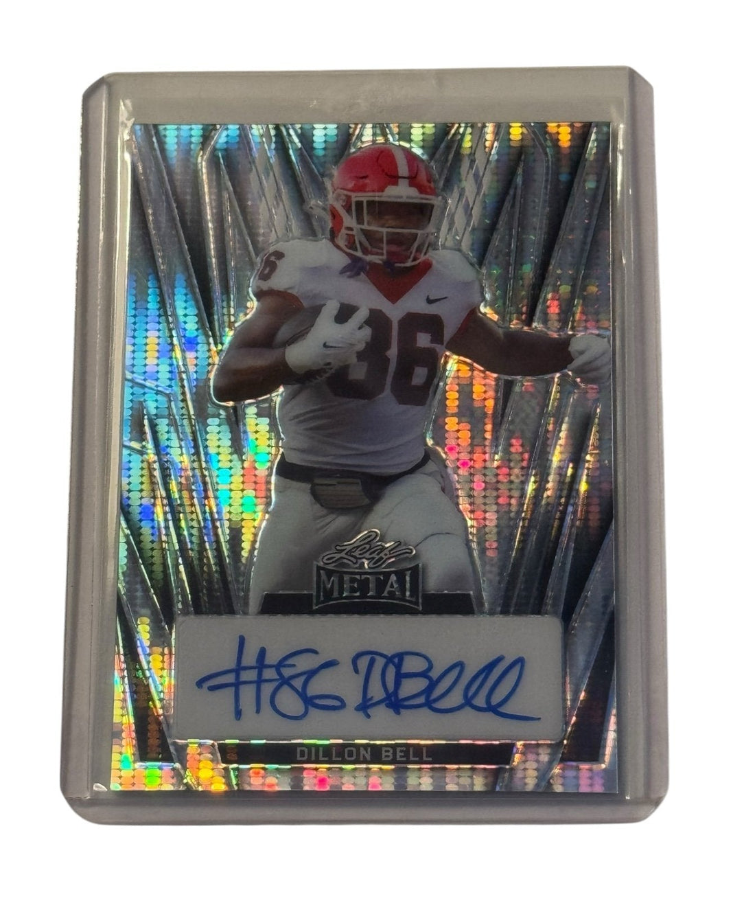 3/4 Dillon Bell RC autograph Leaf Metal football card with holographic design and on-card signature