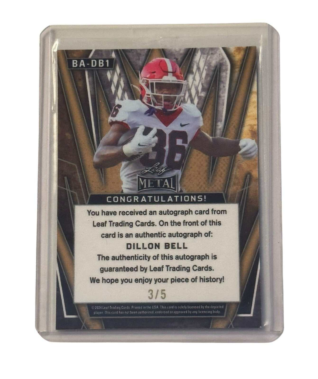 3/4 Dillon Bell RC autograph Leaf Metal football card with holographic design and on-card signature