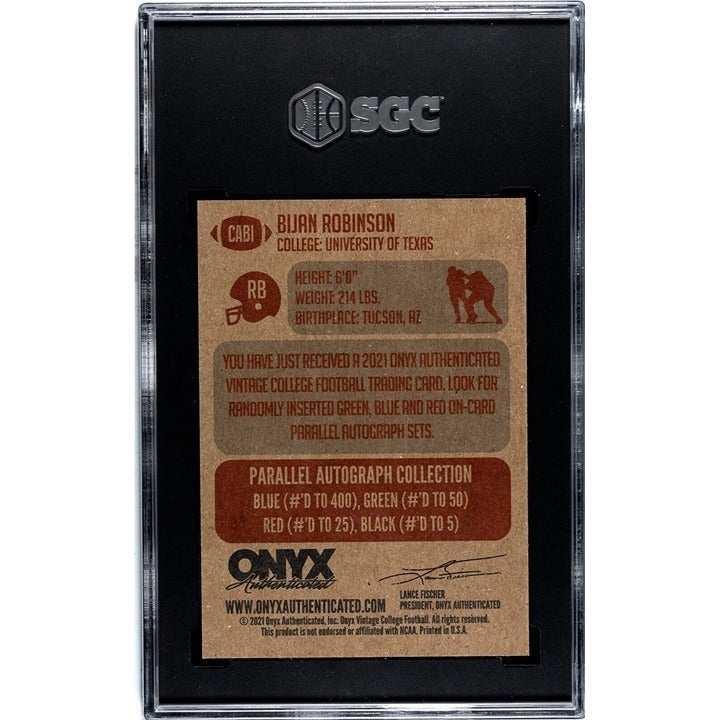 2021 Onyx Vintage Football Bijan Robinson rookie card with blue ink autograph graded SGC 10 in protective case