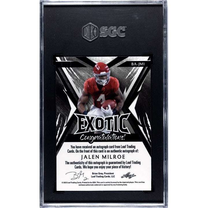 2023 Leaf Exotic Jalen Milroe rookie auto zebra print football card graded SGC 8 serial #4/13
