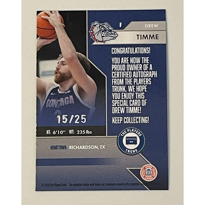 Drew Timme 15/25 AUTO 2022 Campus Collection Players Trunk Card Gonzaga Bulldogs