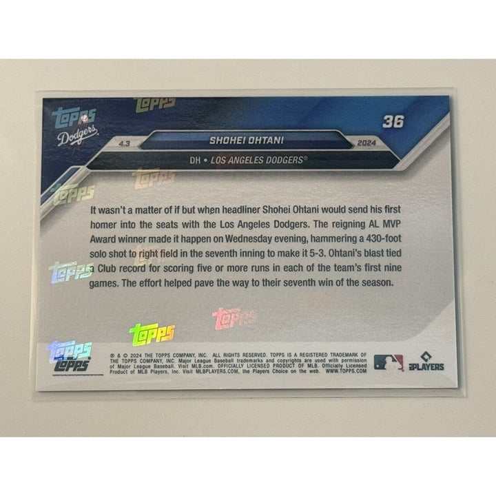 Shohei Ohtani 2024 MLB TOPPS NOW card #36 featuring first home run against Los Angeles Dodgers
