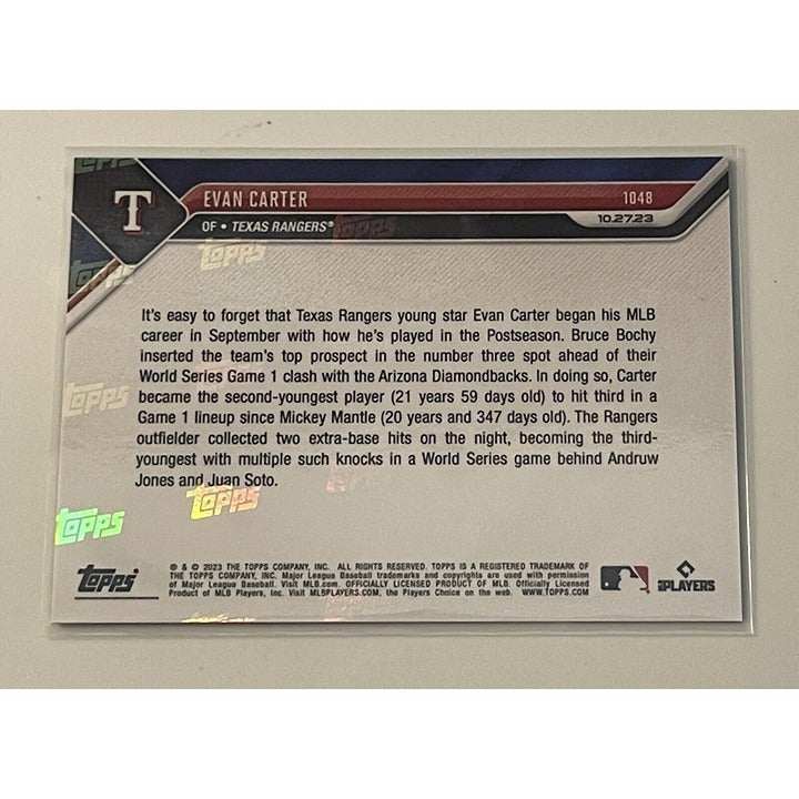 Evan Carter Call Up 2023 MLB TOPPS NOW Texas Rangers baseball card number 1048 with World Series logo and player action shot