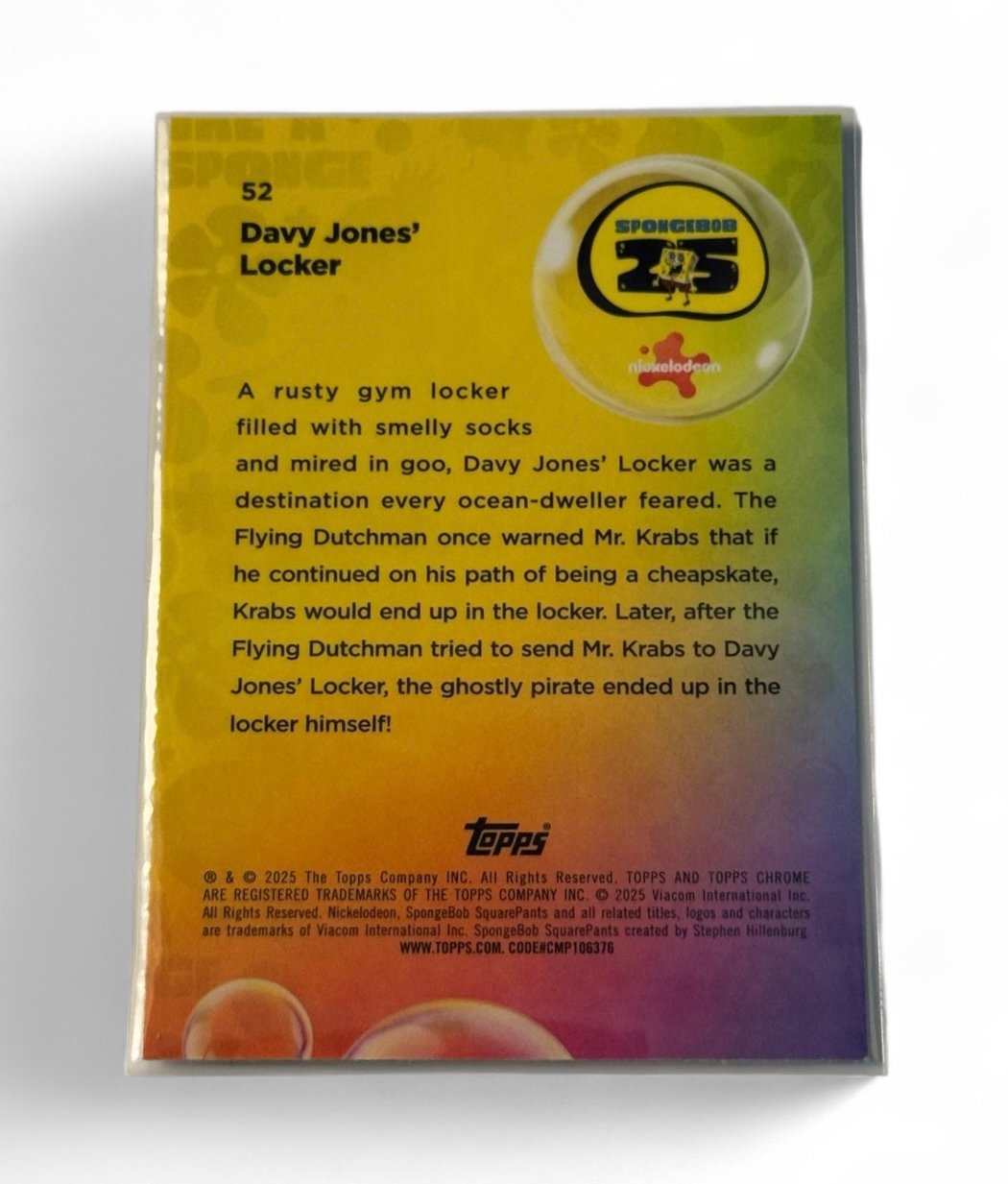 2024 Topps Chrome SpongeBob Hash-Slinging Slasher Scene trade card back with Davy Jones' Locker text