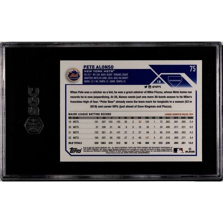 2023 Topps Chrome Pete Alonso New York Mets baseball card graded SGC 9.5 with chrome finish and protective case