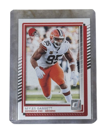 Myles Garrett 2021 Donruss NFL Cleveland Browns defensive end football card in protective sleeve