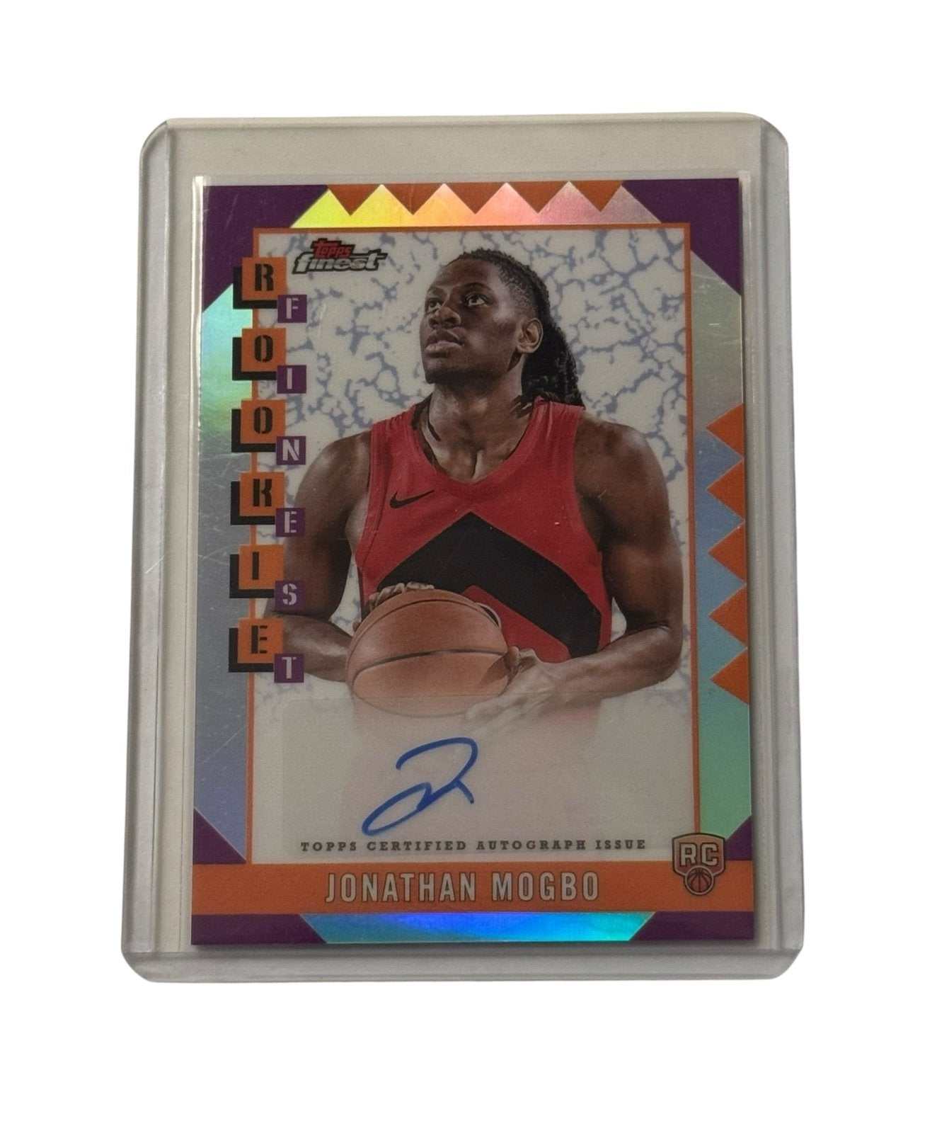 Jonathan Mogbo 2024-25 Topps Finest Rookie Auto Refractor basketball card with autograph and rainbow finish