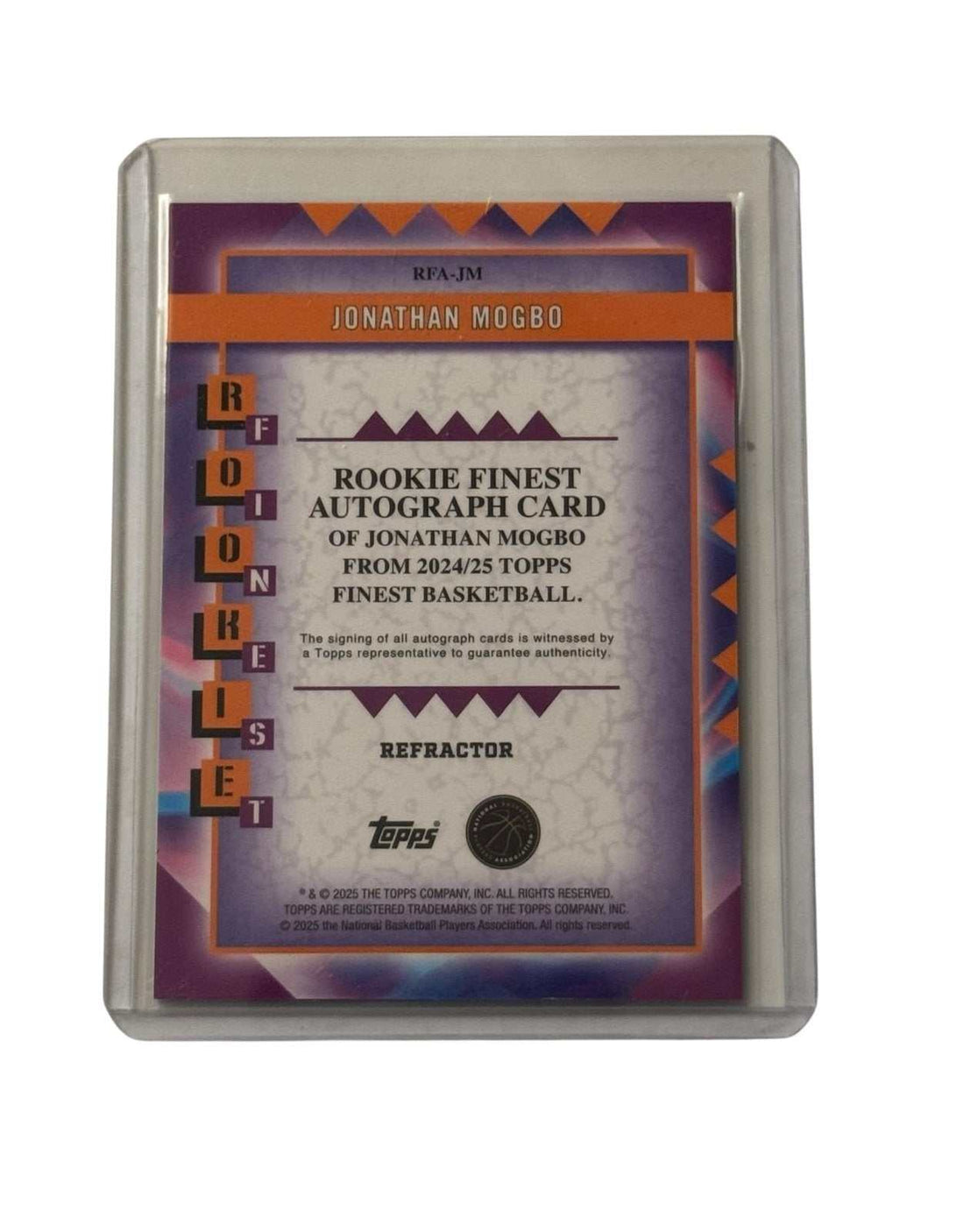 Jonathan Mogbo 2024-25 Topps Finest Rookie Auto Refractor basketball card with autograph and rainbow finish