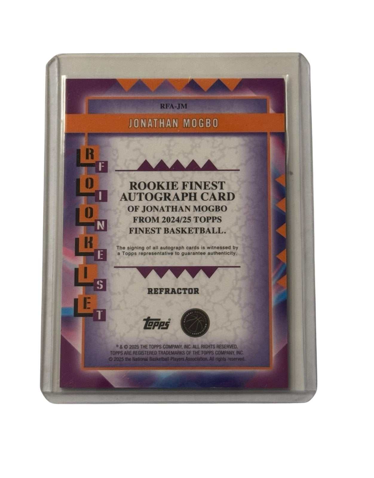 Jonathan Mogbo 2024-25 Topps Finest Rookie Autograph Refractor Basketball Card in protective sleeve