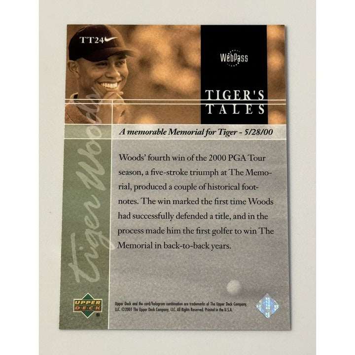 2001 Upper Deck Tiger Woods RC Tiger's Tales Rookie PGA Tour golf card near mint condition