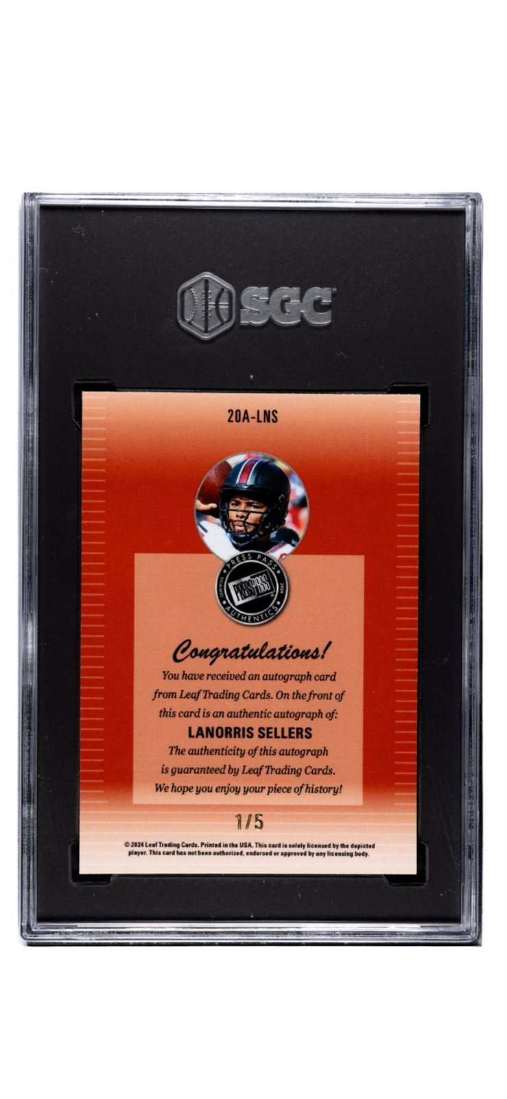 2024 LEAF COLLECTIVE L. Sellers Red Shimmer Press Pass Auto SGC 9.5 graded card