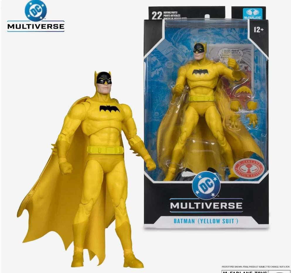 Limited Edition McFarlane DC Multiverse Batman yellow suit action figure with accessories and collector card in packaging
