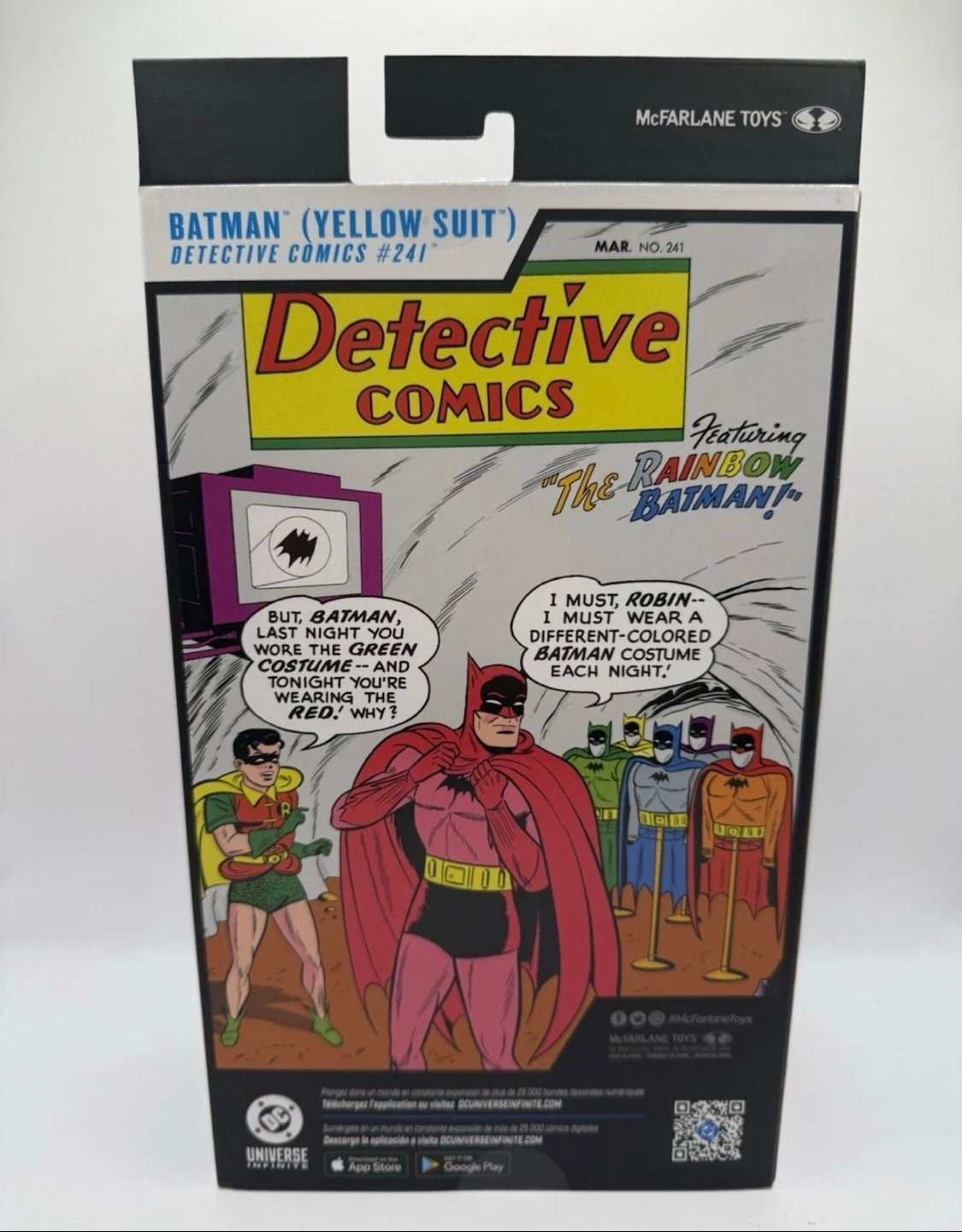 Limited Edition McFarlane DC Multiverse Batman Yellow Suit collectible packaging with comic artwork