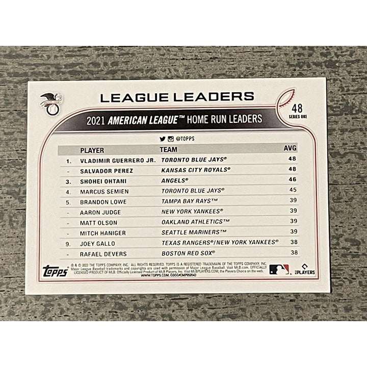 2022 Topps baseball card featuring AL home run leaders Guerrero Jr, Perez, and Ohtani