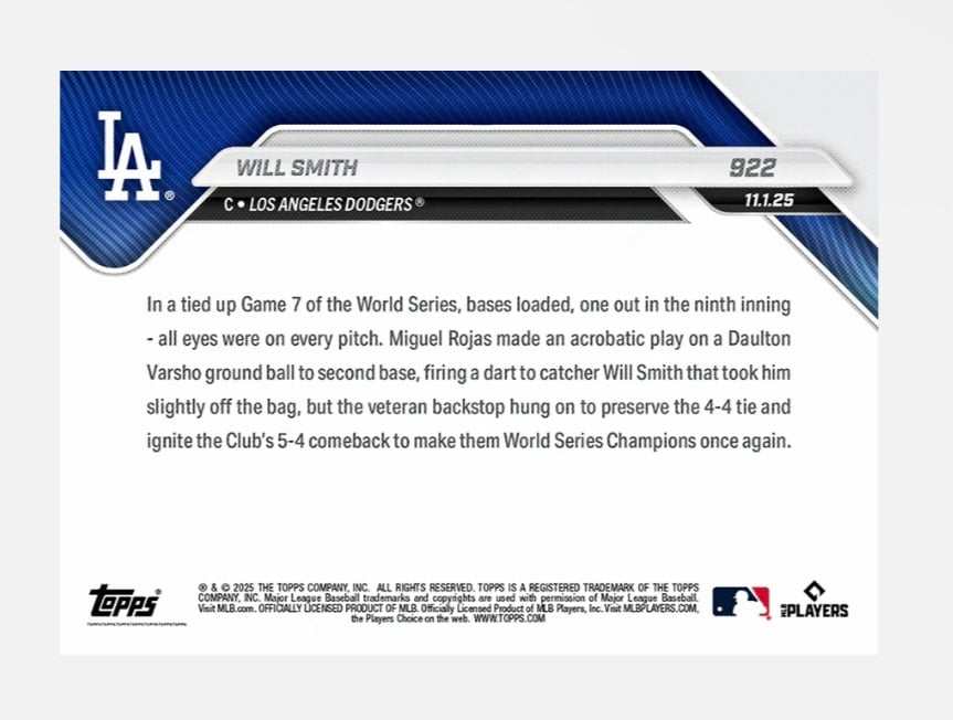 Will Smith 2025 Topps Now MLB card celebrating Dodgers' World Series win with clutch tag in Game 7