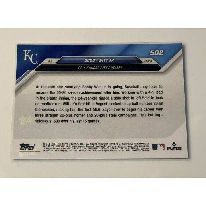 Bobby Witt Jr. 2024 Topps Now #502 MLB Kansas City Royals trading card with 3 20/20 seasons achievement