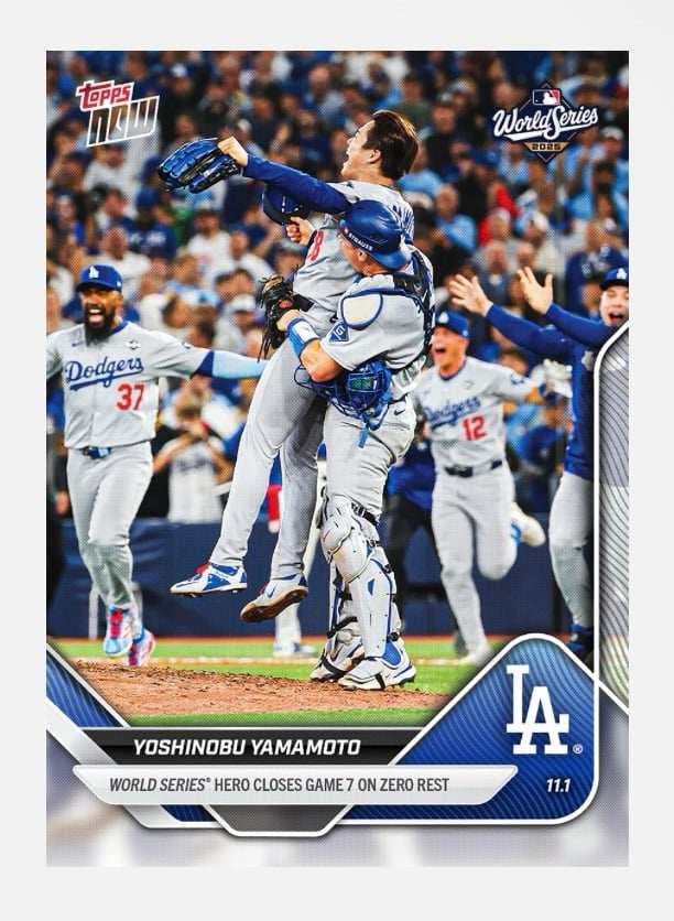 Yoshinobu Yamamoto Topps Now MLB World Series card celebrating Dodgers 2025 championship win