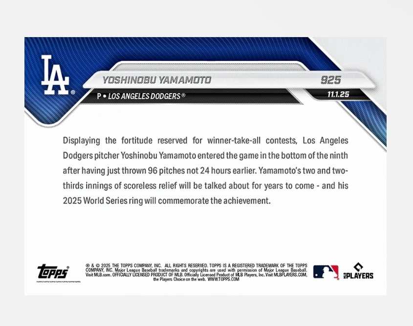 Yoshinobu Yamamoto Topps Now MLB World Series card celebrating Dodgers 2025 championship win