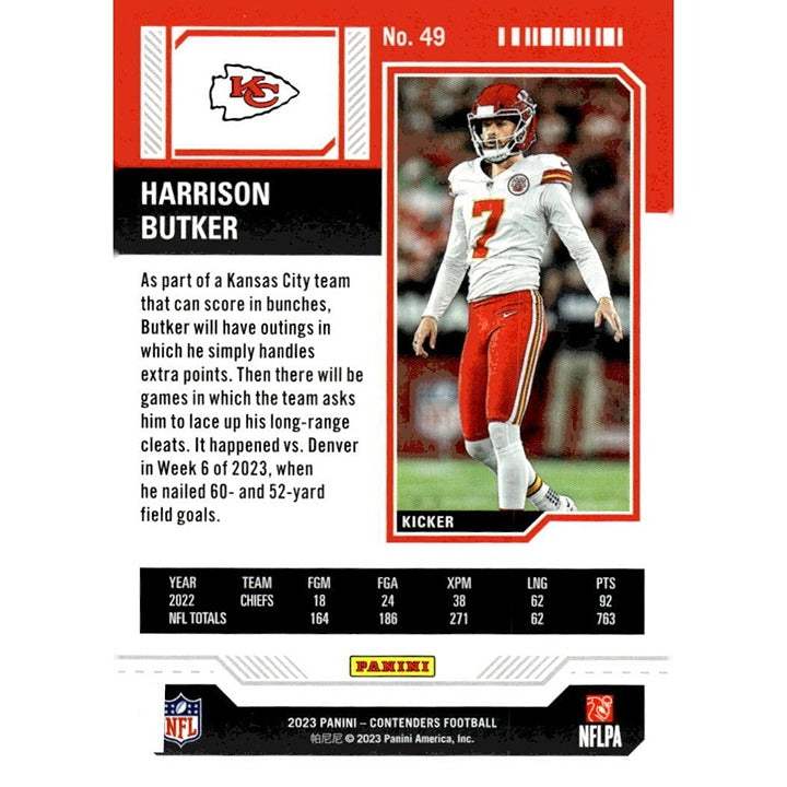 2023 Panini Contenders Harrison Butker Kansas City Chiefs NFL season ticket trading card