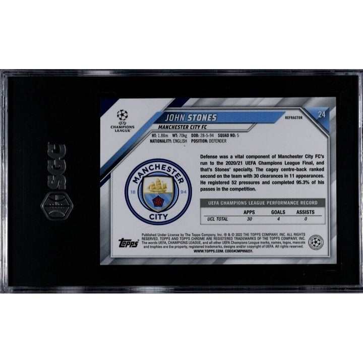 John Stones 2021-22 Topps Chrome UCL Red Refractor Manchester City card graded 10 by SGC