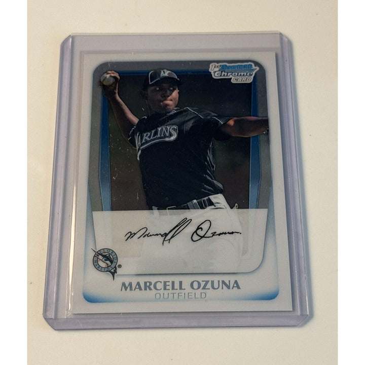 Marcell Ozuna RC 2011 Bowman Chrome Prospects baseball rookie card in protective case
