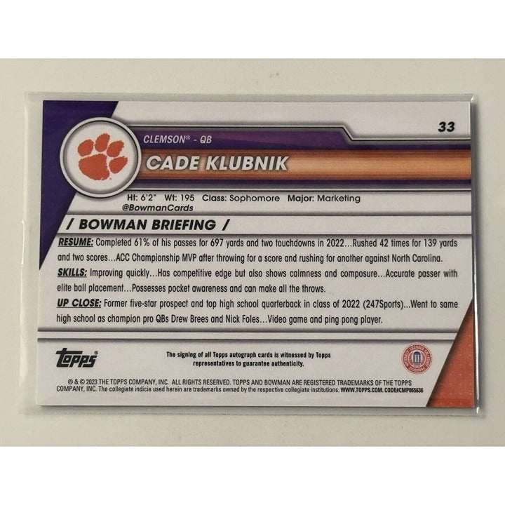 2023 Bowman University Chrome Cade Klubnik RC Auto football card with autograph and Clemson Tigers logo