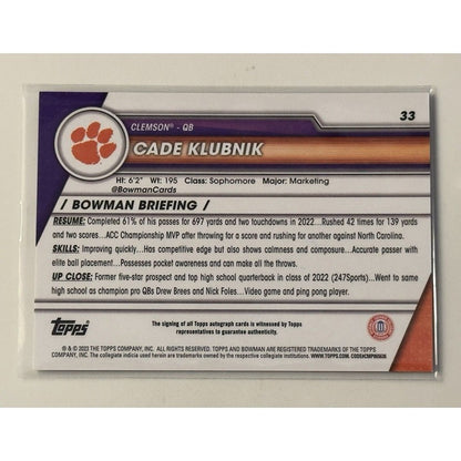 2023 Bowman University Chrome Cade Klubnik RC Auto Prospect - Clemson Tigers #33