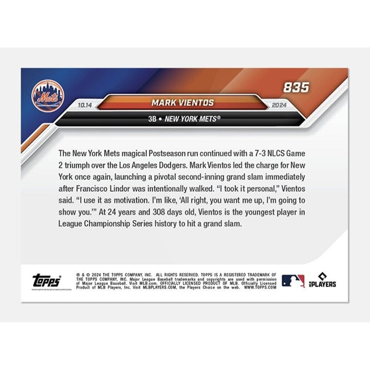2024 MLB NLCS Topps NOW MARK VIENTOS* GRAND SLAM NEW YORK METS Card 835 - READY!