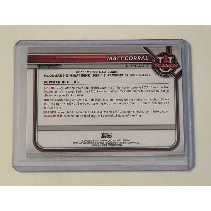 2022 Bowman card featuring Matt Corral Ole Miss quarterback in protective case