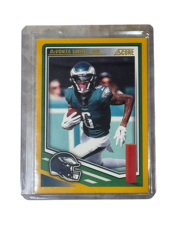 DeVonta Smith RC 2021 Score Philadelphia Eagles rookie football card in protective sleeve
