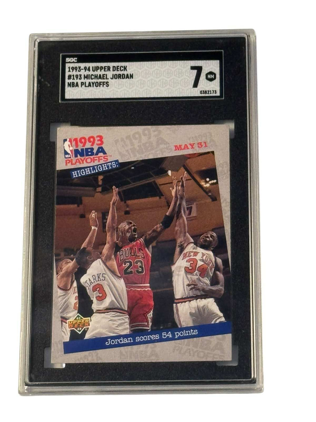 1993-94 Upper Deck Michael Jordan NBA Playoffs Highlights card graded SGC 7 showing Jordan scoring 54 points against Knicks