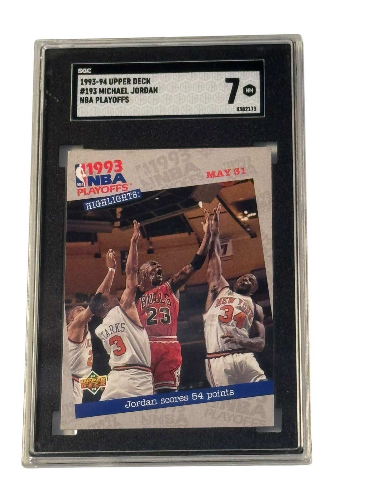 1993-94 Upper Deck Michael Jordan NBA Playoffs Highlights card graded SGC 7 showing Jordan scoring 54 points against Knicks