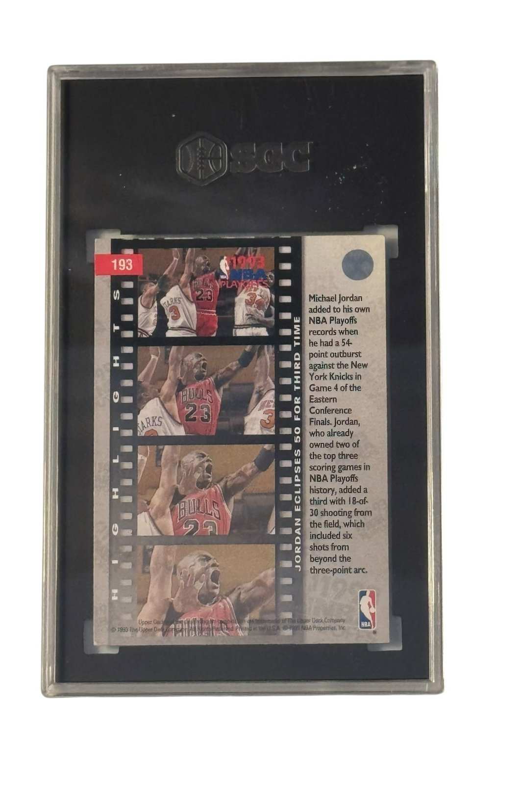 1993-94 Upper Deck Michael Jordan NBA Playoffs Highlights card graded SGC 7 showing Jordan scoring 54 points against Knicks