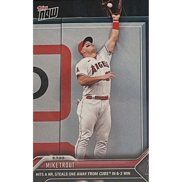 2023 TOPPS NOW Mike Trout Los Angeles Angels baseball card hitting home run stealing base from Cubs