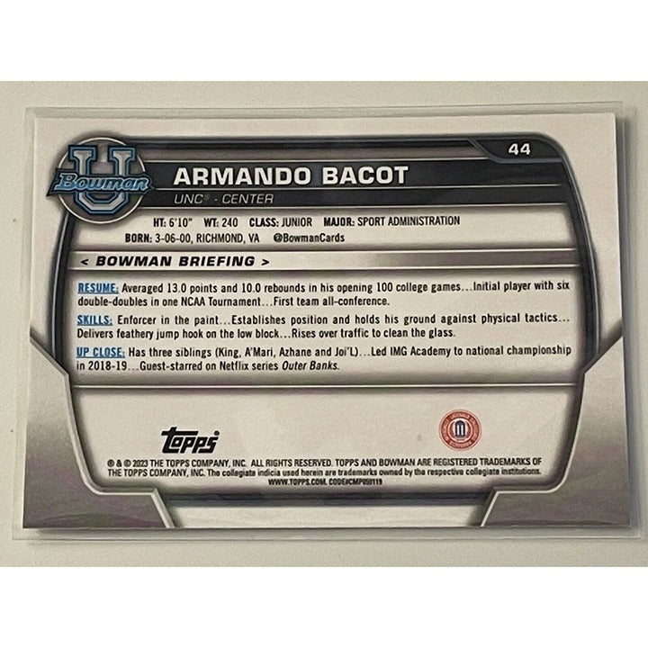 2022-23 Bowman University Chrome Armando Bacot RC 1st Bowman #44 - NC Tar Heels*