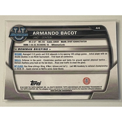 2022-23 Bowman University Chrome Armando Bacot RC 1st Bowman #44 - NC Tar Heels*