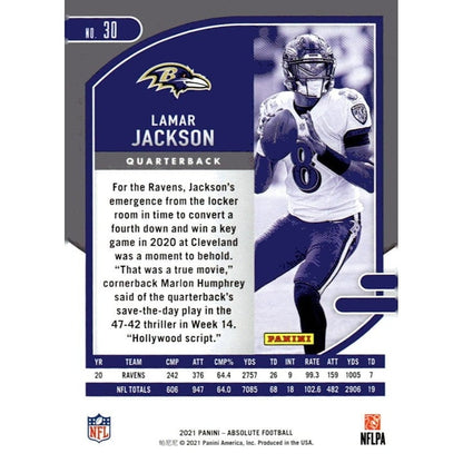 2021 Panini Absolute NFL Parallel Football Card #30 Lamar Jackson Green - Ravens
