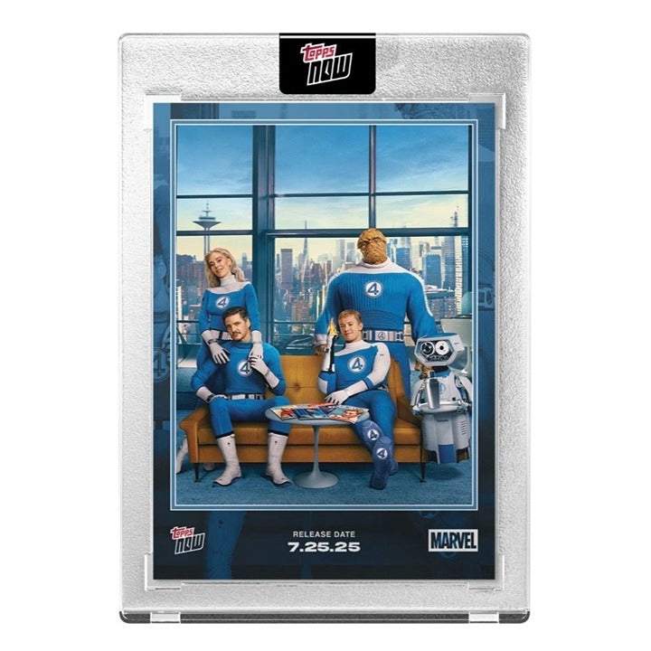 2025 Topps Now Marvel Fantastic Four collector card in protective case with vibrant design and release date 7.25.25