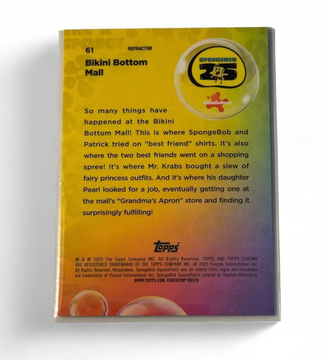2024 Topps Chrome SpongeBob SquarePants Bikini Bottom Mall Refractor card back with description and chrome finish