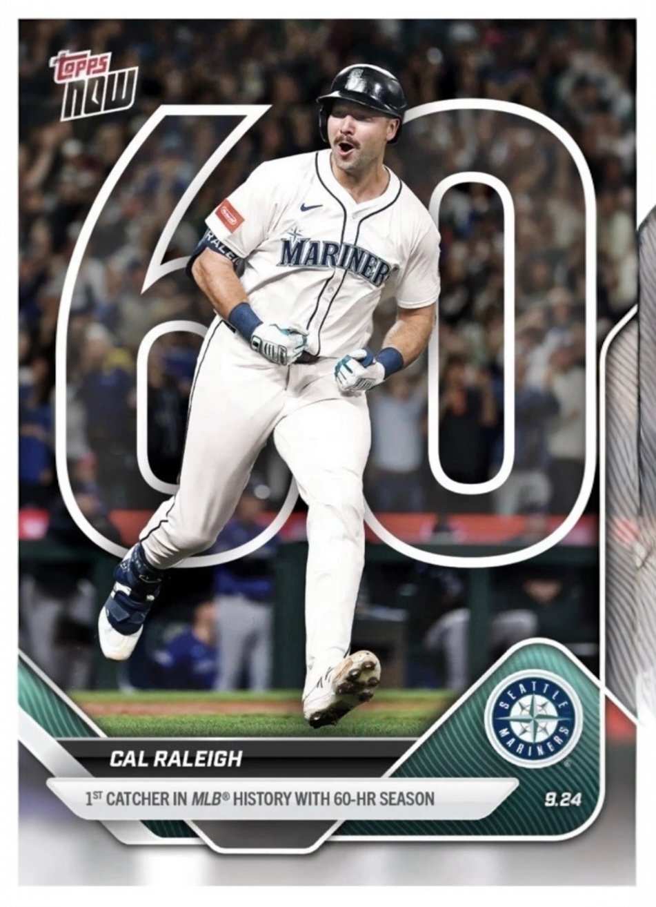 Cal Raleigh 2025 MLB Topps NOW card #765 celebrating 60 HR catcher record with Seattle Mariners