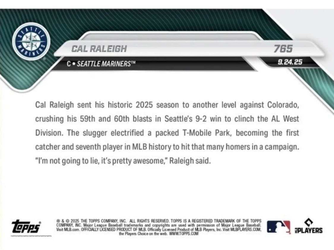 Cal Raleigh 2025 MLB Topps NOW card #765 celebrating 60 HR catcher record with Seattle Mariners