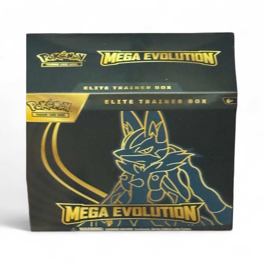 Sealed Pokémon TCG Mega Evolution Elite Trainer Box featuring Lucario in black and gold design
