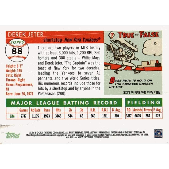 2020 Topps Archives Derek Jeter New York Yankees baseball card number 88 Hall of Fame shortstop