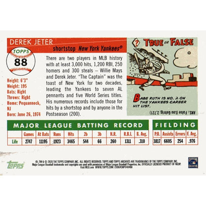 2020 Topps Archives - Derek Jeter - MLB New York Yankees Baseball Card #88 - HOF