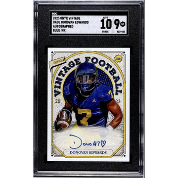 Donovan Edwards 2023 ONYX Vintage ON CARD AUTO BLUE INK Michigan/NFL Draft SGC 9