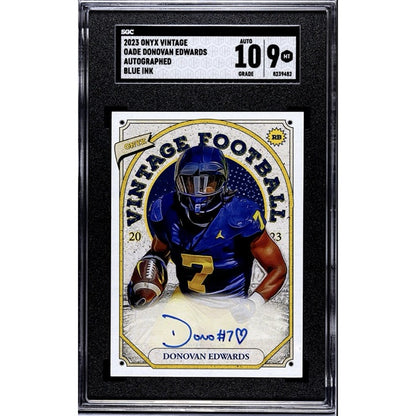 Donovan Edwards 2023 ONYX Vintage ON CARD AUTO BLUE INK Michigan/NFL Draft SGC 9