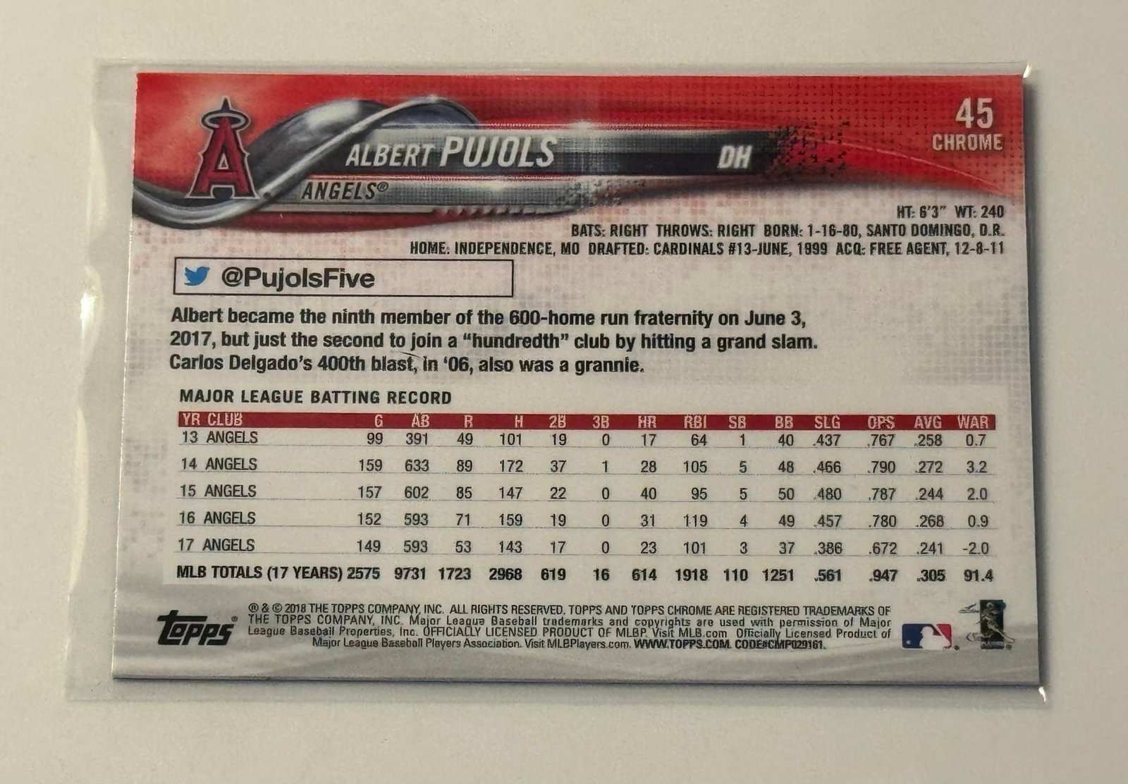 2018 Topps Chrome ALBERT PUJOLS #45 Los Angeles Angels baseball card back