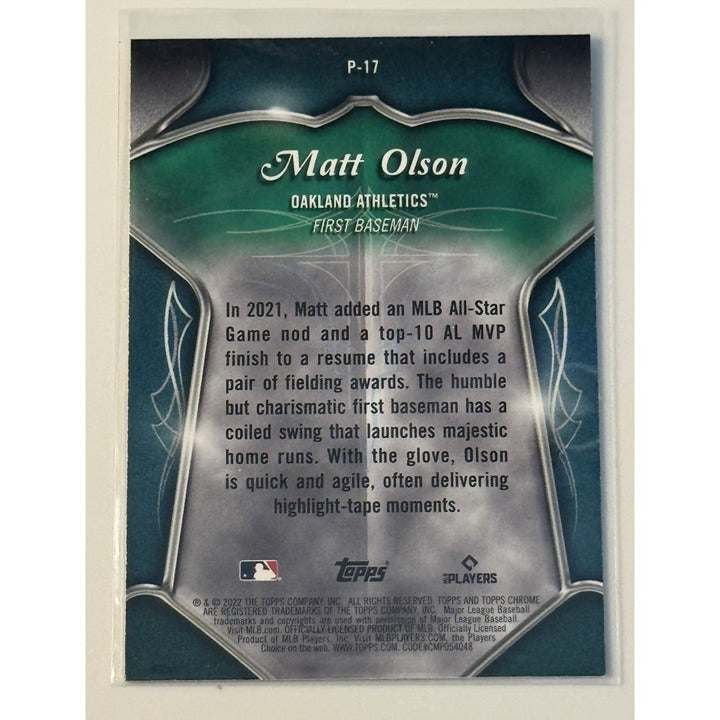 2022 Topps Chrome Matt Olson Oakland Athletics baseball card with holographic finish