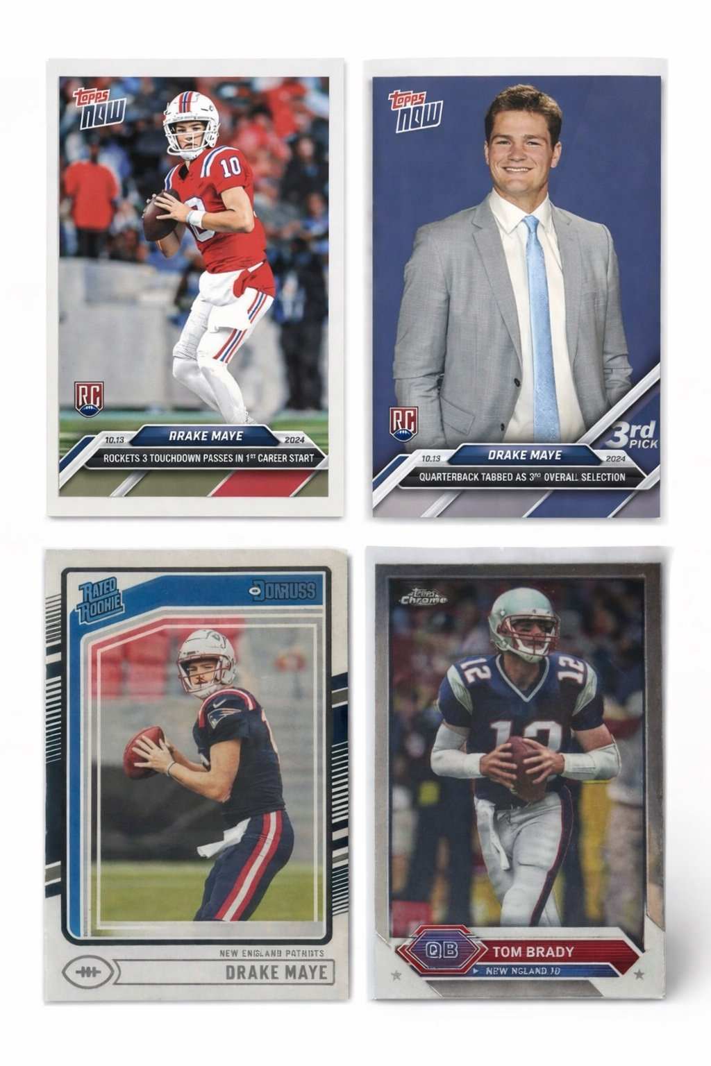 3 Drake Maye rookie cards and 1 Tom Brady Patriots football card bundle